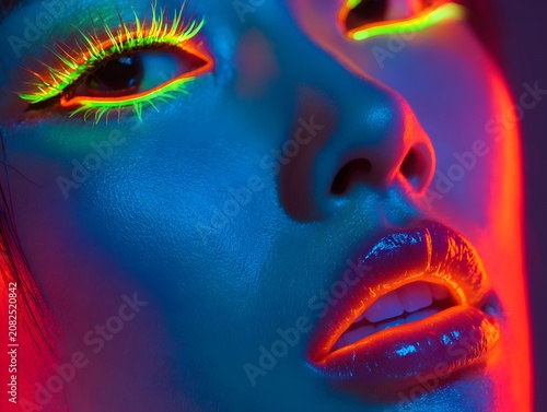 Neon Glow Makeup on Womans Face Under Blue and Red Lights.