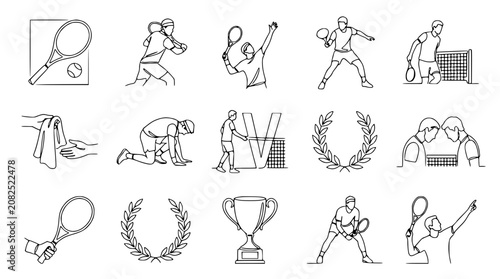 Tableau sur toile Tennis Player Line Art Icons: Action, Victory, Equipment, and Trophies