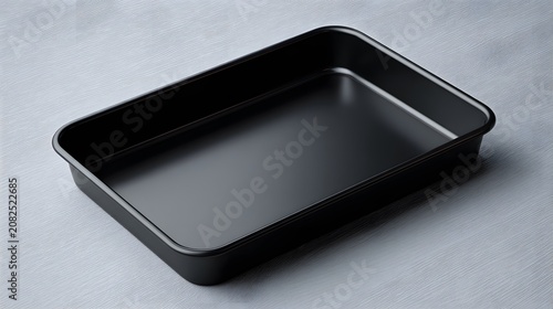 Black metal baking pan on a gray surface.