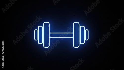 Neon glowing dumbbell sign on a dark wall, vibrant fitness center aesthetic decor, gym interior lighting and workout motivation branding elements