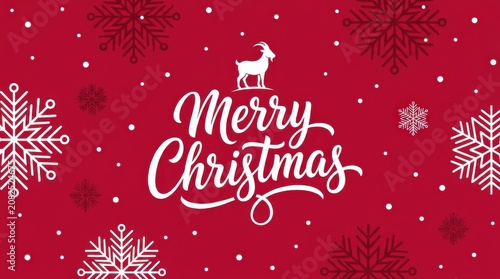 Merry Christmas greeting card design with a white goat silhouette and snowflakes on a festive red background for New Year 2027 seasonal celebrations and holiday social media posts