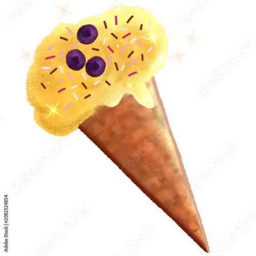 Ilustration of lemon ice cream cone with blueberry topping 