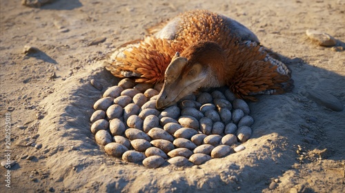 An Oviraptor brooding protectively over a spiral nest of elongated eggs on a sandy Cretaceous riverbank.
