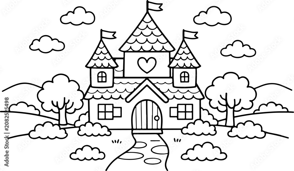 Fototapeta premium Maison de conte de fées, illustration de style dessin au trait à la main, coloriage pour enfants