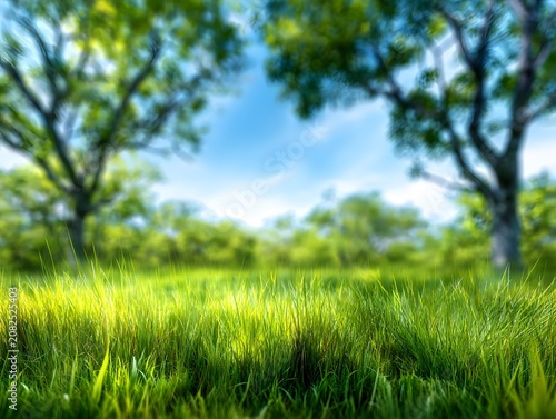 Vibrant green meadow with trees and blue sky.