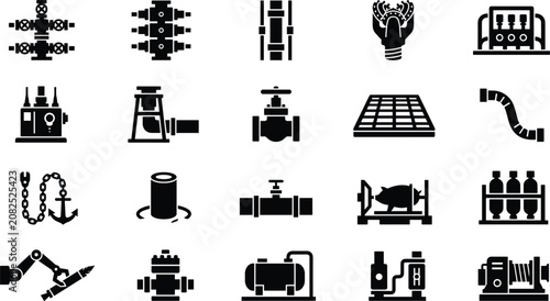 Quadro su tela Oil and Gas Drilling Industry Machinery Icon Set Featuring Blowout Preventers Pi