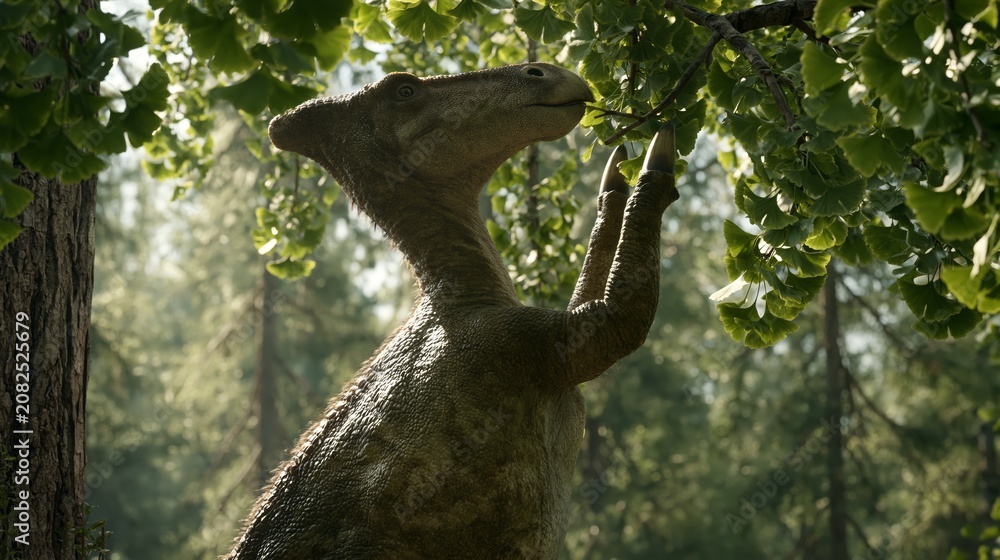 Fototapeta premium An Iguanodon rearing on its hind legs to reach high foliage on a ginkgo tree showing its distinctive thumb spikes.