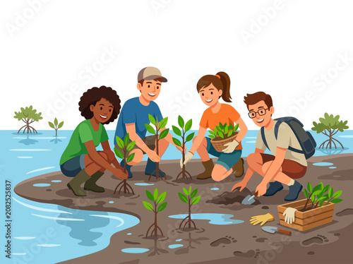 Enthusiastic young volunteers actively participating in a mangrove reforestation project, planting saplings to protect coastal ecosystems and promote environmental sustainability