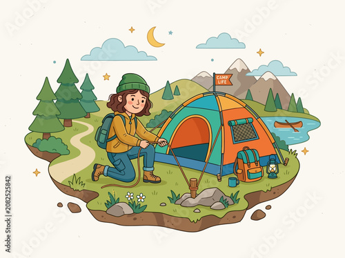Illustration of a happy young person setting up a colorful tent in a beautiful natural landscape with mountains, trees, and a lake