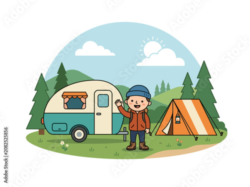 Happy boy enjoying an outdoor camping adventure with a retro camper van and a tent in a sunny forest setting, embodying the joy of nature exploration and travel