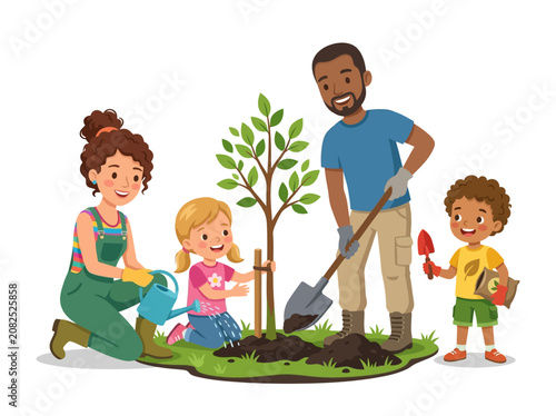 Family planting a tree together, symbolizing growth, community, and environmental care in a joyful outdoor scene