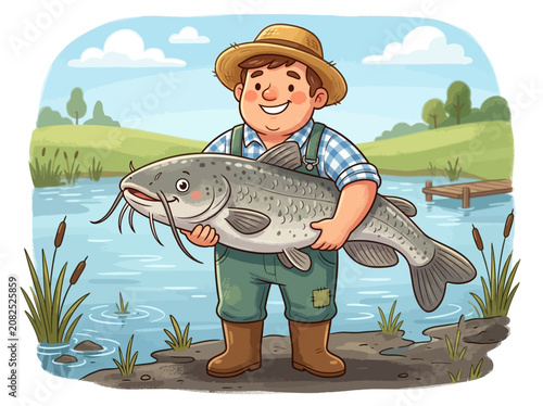 Joyful Angler Proudly Displays His Impressive Catfish Catch Beside the Serene Lakeside Waters on a Beautiful Sunny Day