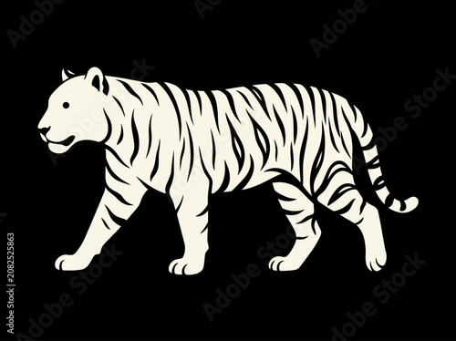 Elegant white tiger graphic in a walking stance, showcasing the regal beauty and untamed spirit of this magnificent striped predator of the wild
