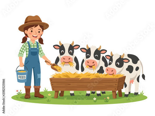 A cheerful farmer girl in a straw hat and overalls feeds hay to three cows from a trough, embodying the essence of rural life and agriculture