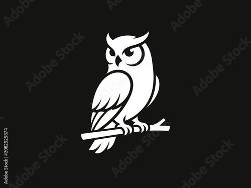 Elegant white owl perched on a branch, symbolizing wisdom and nocturnal knowledge, a sleek minimalist design for a modern brand logo or educational concept