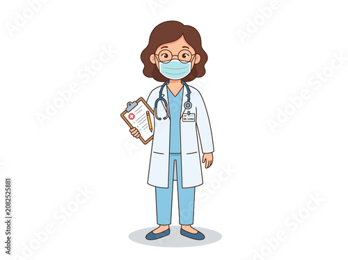 Caring female doctor in a protective mask holding a patient chart, symbolizing dedicated healthcare services and medical professionalism