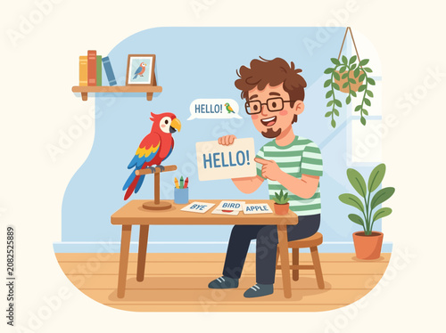 A cheerful man teaching his colorful parrot to say hello, with flashcards and books in a cozy room