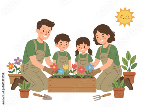 Happy family planting flowers together in a garden on a sunny day, enjoying a weekend activity