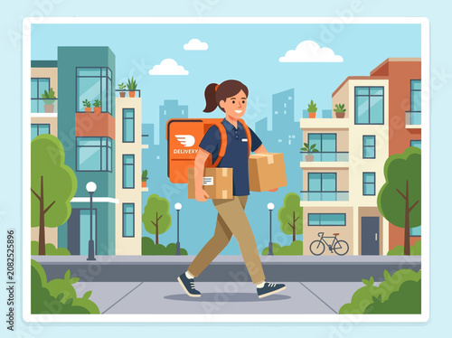 Delivery person walking on sidewalk with packages and insulated bag, urban cityscape background