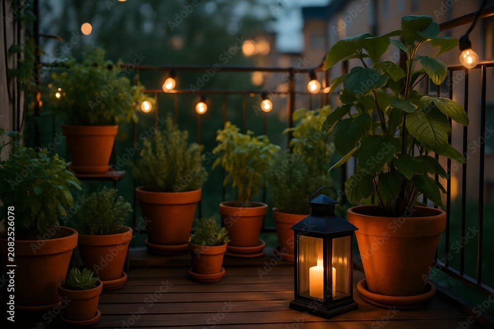 Fototapeta premium Cozy balcony garden with potted plants, lantern and string lights at dusk