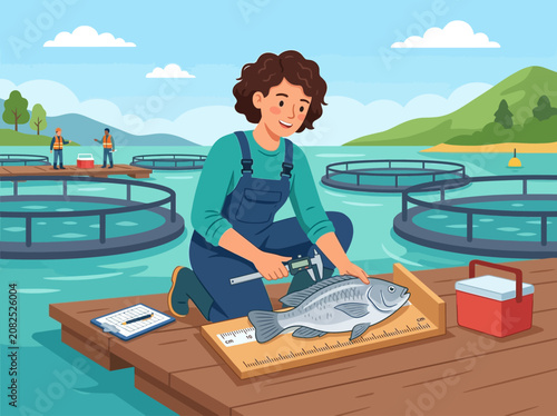Fish farmer measuring a large fish on a wooden platform with aquaculture cages in the background, showcasing sustainable fish farming practices