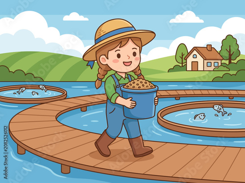 Girl farmer feeds fish at aquaculture farm. Carries feed along wooden path over ponds, symbolizing sustainable food production in rural setting