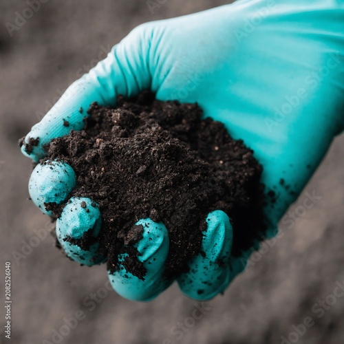Gloved hand holding dark soil sample outdoors for gardening or study