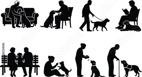 Senior citizens with dogs set of black silhouettes showing daily activities and companionship