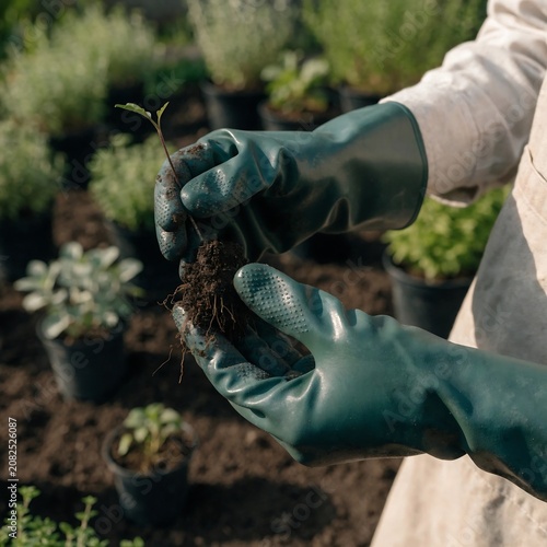Gardener holding small plant with root ball in garden soil