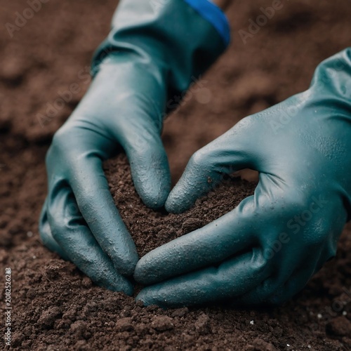 Gloved hands carefully planting small seedling in dark soil outdoors