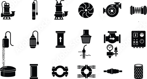 Foto Industrial Water Supply Sump Pump and Plumbing System Icon Set Featuring Submers