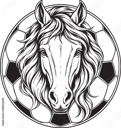 Bild auf Leinwand Friesian Horse Head Integrated With Soccer Ball Black and White Vector Line Art