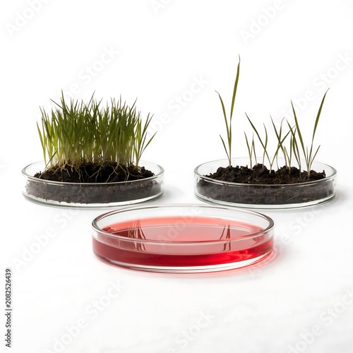 Three petri dishes showing plant growth and agar culture experiment