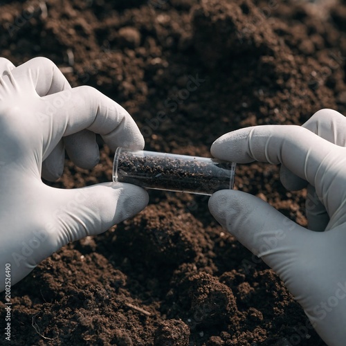 Scientist holding test tube with soil sample outdoors