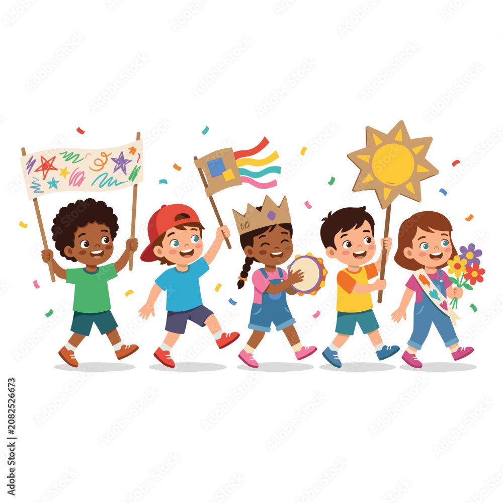 Fototapeta premium Diverse group of children celebrating with a parade and confetti