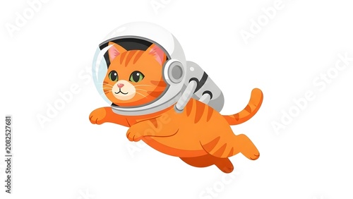 Whimsical orange tabby cat in a gleaming astronaut helmet gracefully floats, embarking on a cosmic adventure, an adorable illustration of a space-exploring feline