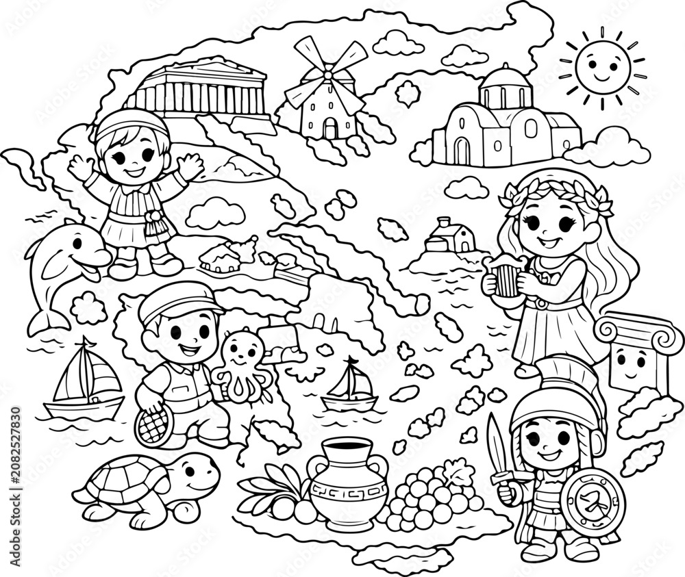 Fototapeta premium Carte de la Grèce, illustration dessinée à la main, style cartoon, à colorier pour enfants