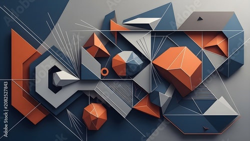 Futuristic Abstract 3D Geometric Composition Featuring Modern Architectural Structures and Polyhedral Shapes in Contrasting Blue and Orange