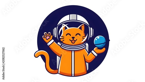 Cute orange cat astronaut in a spacesuit holding a blue planet, clean vector illustration perfect for space-themed designs and digital art