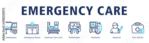 Photos Emergency Care web banner icon vector illustration featuring rapid response and critical treatment services from ambulance arrival to intensive life support
