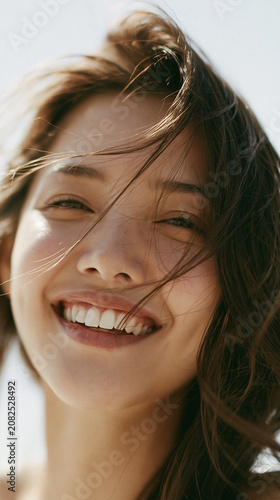 A smiling person with long dark hair and subtle jewelry looks directly at the camera