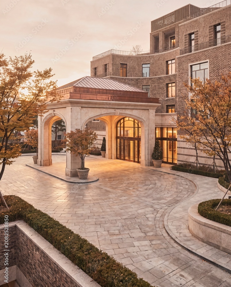 Fototapeta premium Modern brick hotel entrance courtyard with arched porte cochere