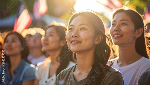 Array of smiling East Asian women in sunlight, faces illuminated, looking upwards