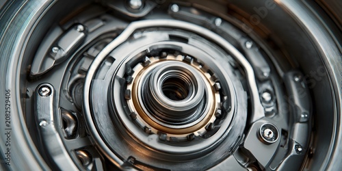 Close-up view of a complex mechanical component with intricate gears and bearings.