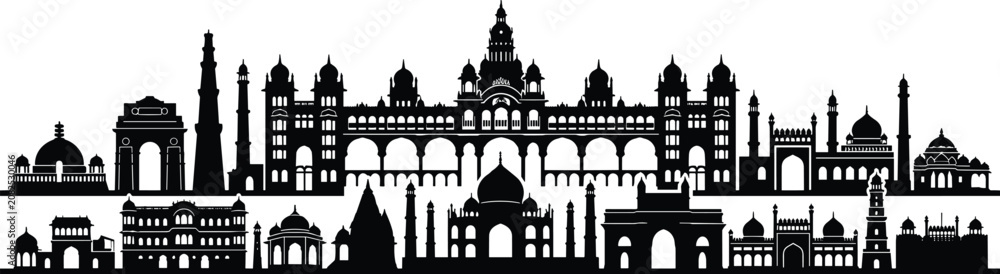 Fototapeta premium India landmarks skyline silhouette vector architecture set isolated on white background