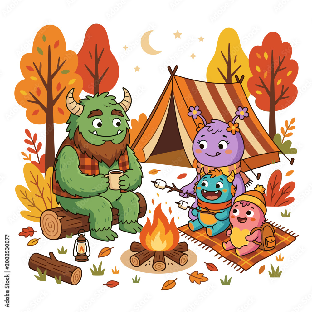 Naklejka premium Cute monster family camping in autumn roasting marshmallows by campfire