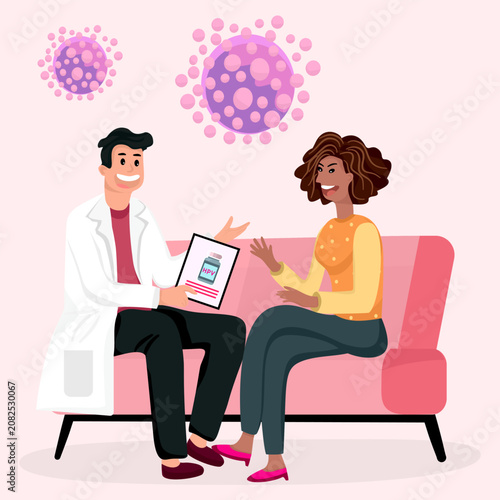 Male doctor explaining HPV vaccine to female patient on sofa for cervical cancer prevention. Human papillomavirus immunization, women health consultation, and medical care flat vector illustration.