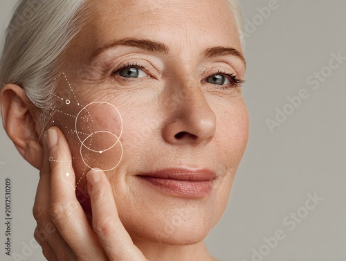 Mature womans face with cosmetic treatment circles.