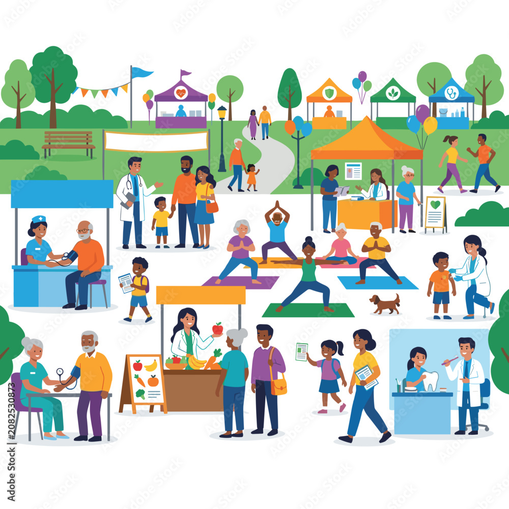 Fototapeta premium Community health fair with medical checkups yoga and healthy food stalls