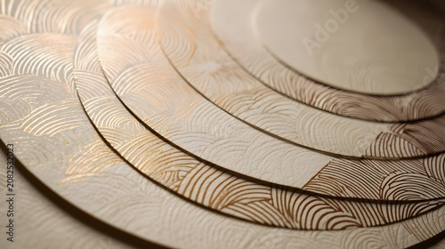 Close-up of layered circular placemats with intricate wave-like patterns.
